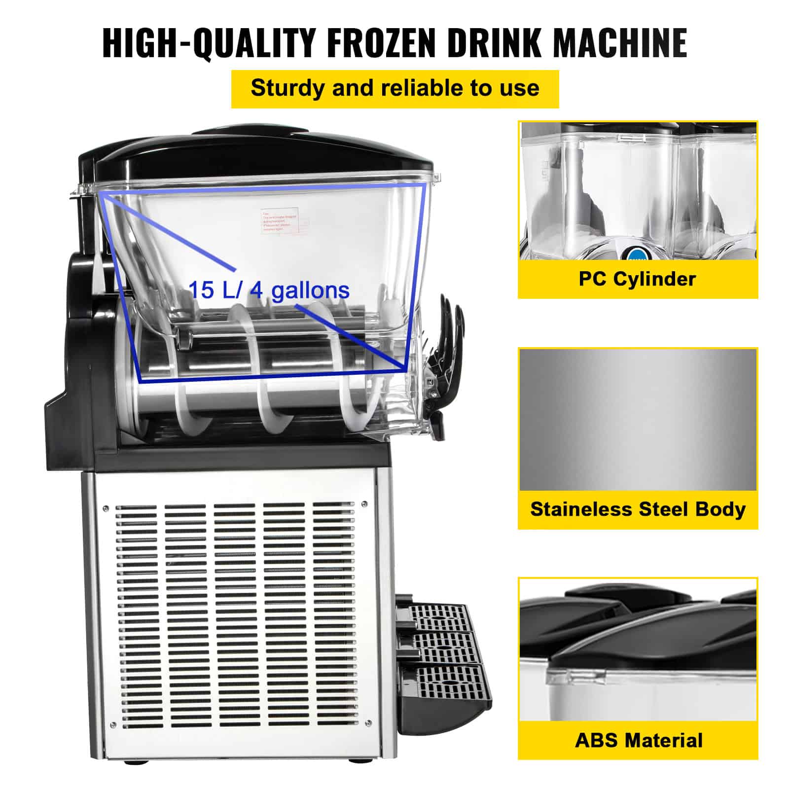 Sturdy, reliable frozen drink machine with 15L/4 gallons capacity, featuring PC cylinders, stainless steel body, and durable ABS material for efficient beverage freezing.