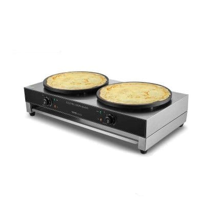 Electric crepe maker for professional and home use, double non-stick cooking surface, heating control, ideal for making delicious crepes and pancakes efficiently.