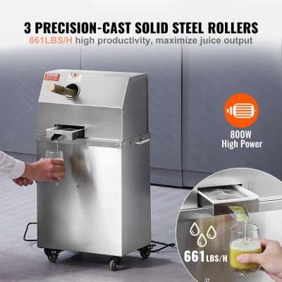High-capacity juice machine for commercial use, featuring precision-cast solid steel rollers, 661 lbs/h juice output, and 800W power for maximum productivity. Perfect for cafes and restaurants.