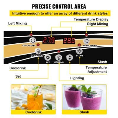 A digital beverage mixer control panel displaying temperature settings, mixing options, and drink style adjustments for optimal beverage preparation.