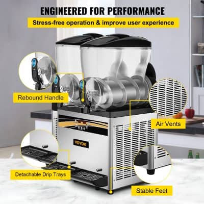 Efficient commercial cold beverage machine featuring rebound handles, air vents, and detachable drip trays for easy cleaning. Designed for durability and high performance in busy environments.