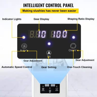 Close-up of a digital display panel on a slushy machine, featuring settings for gear adjustment, speed control, and cleaning, ideal for commercial beverage preparation.