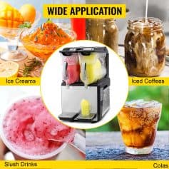 Ice creams, iced coffees, slush drinks, and colas are showcased near a modern frozen beverage machine, highlighting versatile applications for tasty cold refreshments.