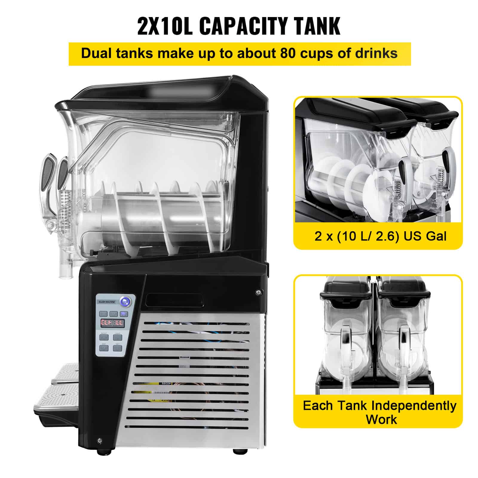 High-capacity commercial ice maker with dual tanks, producing up to 80 cups of ice, ideal for busy restaurants and cafes. Elegant black and clear design with separate tanks for independent operation.