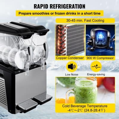 Efficient commercial refrigeration equipment with copper condenser, 900W compressor, and features like low noise and energy efficiency, perfect for preparing cold smoothies and frozen drinks quickly.