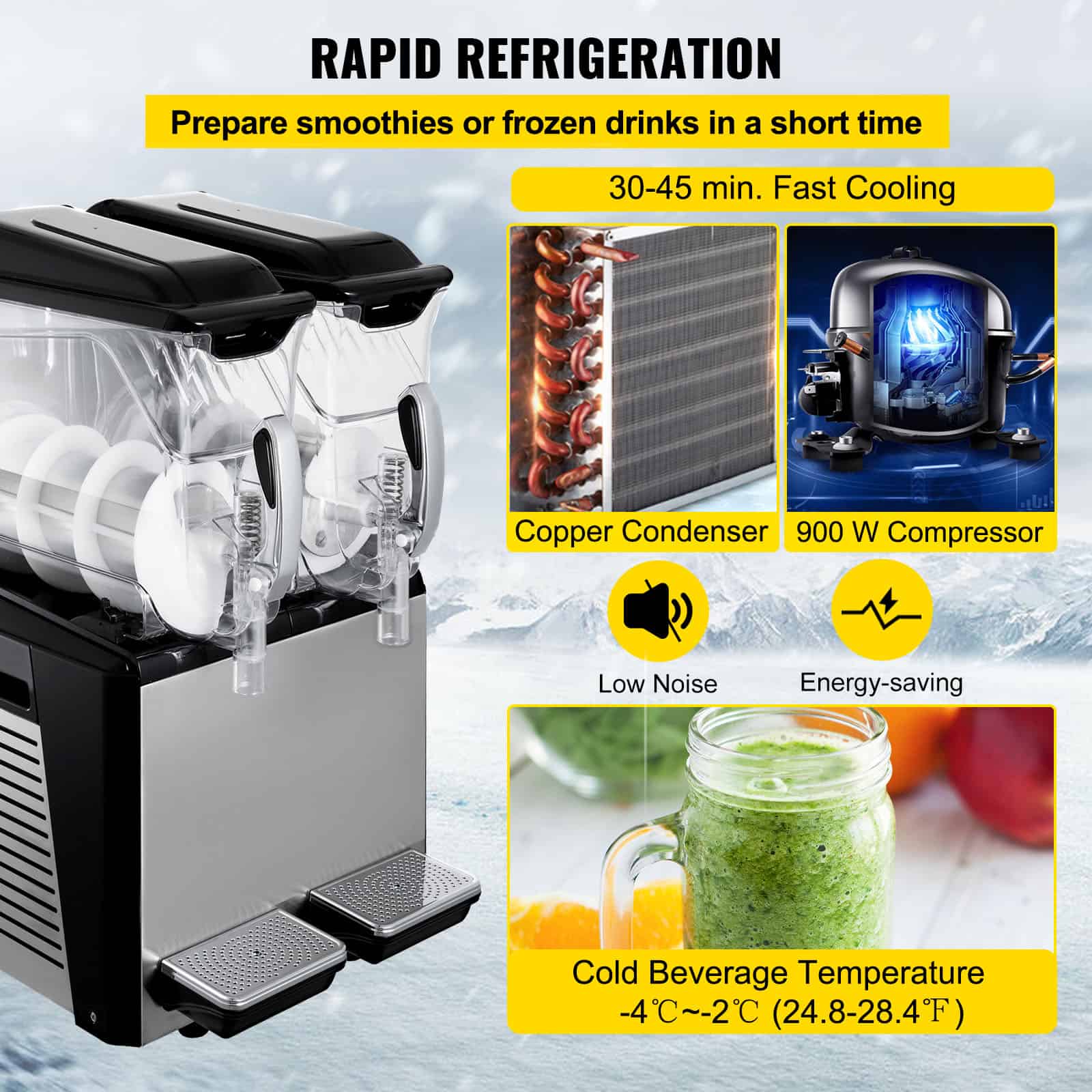 Efficient commercial refrigeration equipment with copper condenser, 900W compressor, and features like low noise and energy efficiency, perfect for preparing cold smoothies and frozen drinks quickly.