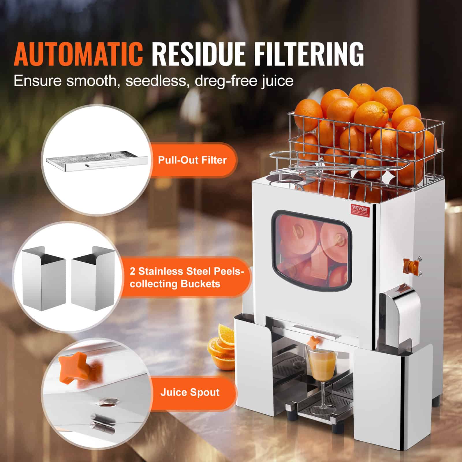 High-quality commercial juice machine with stainless steel design, pull-out filter, two stainless steel peels-collecting buckets, and juice spout for optimal operation.