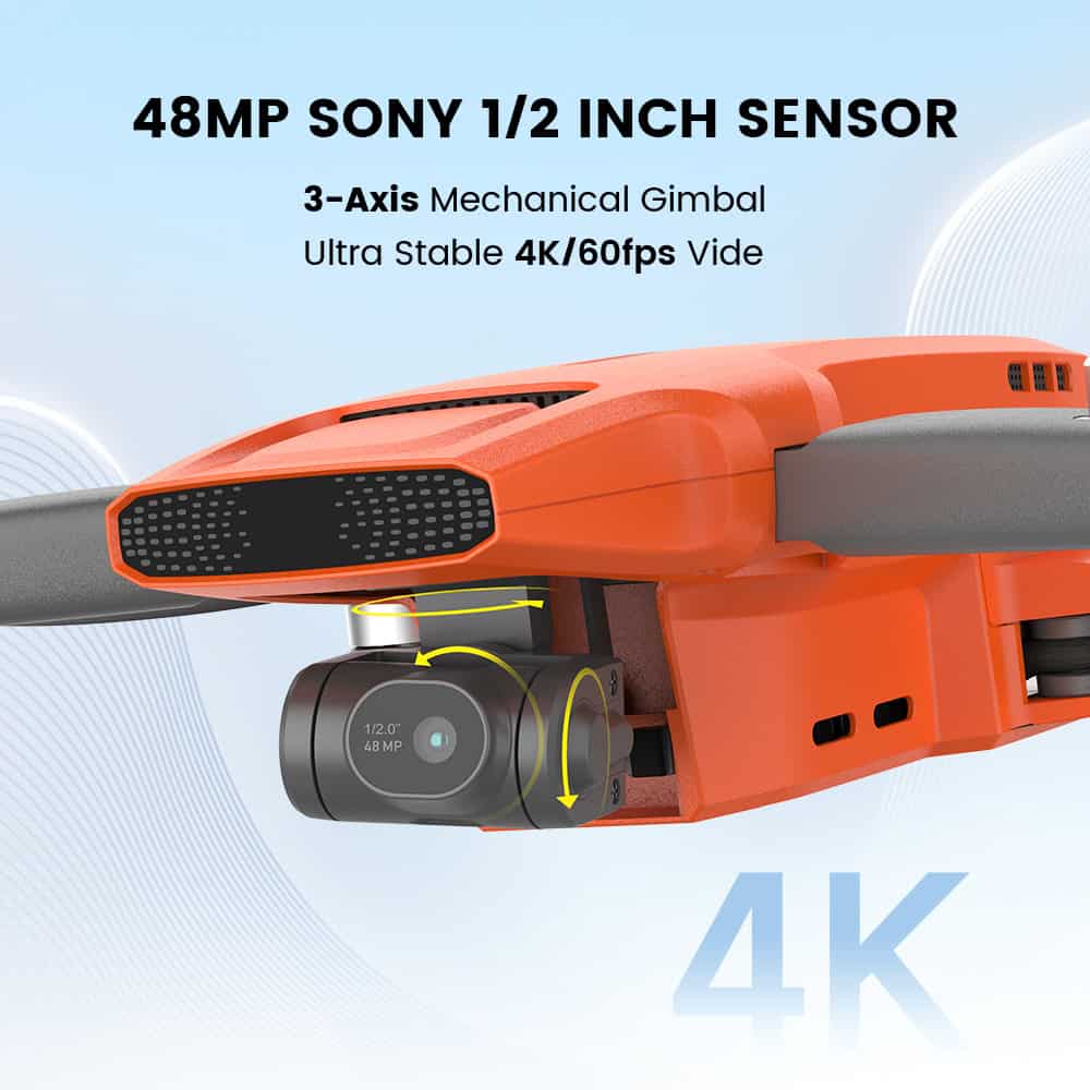 Aerial drone equipped with a 48MP Sony camera sensor, 3-axis mechanical gimbal, capturing high-resolution 4K videos at 60fps, perfect for professional aerial photography and videography.