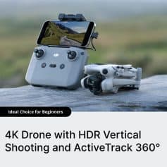 Aerial drone with camera and remote control equipped for high-resolution 4KHDR vertical shooting and ActiveTrack 360° for professional-quality images and videos.