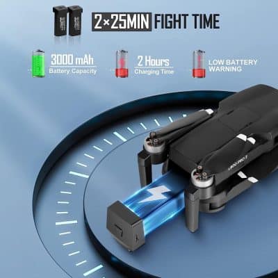 High-quality drone with up to 2 hours of flight time, featuring a 3000mAh battery and rapid 2x25-minute charge cycles, ideal for aerial photography and outdoor adventures.