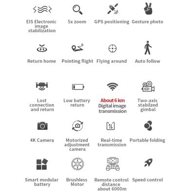 High-quality 4K camera with stabilized gimbal, 6 km transmission range, motorized adjustment, and intelligent flight modes.