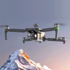 Aerial drone capturing stunning mountain landscape with advanced camera system for high-quality images.