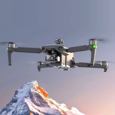 Aerial drone capturing stunning mountain landscape with advanced camera system for high-quality images.
