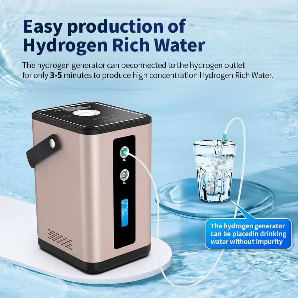 Portable hydrogen water machine for healthy drinking water, fast hydrogen infusion in 3-5 minutes, ideal for home and wellness use.