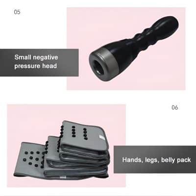 Portable negative pressure device with small head, targeting body contouring treatments. Includes multiple body packs for arms, legs, and abdomen for effective slimming and fat reduction.