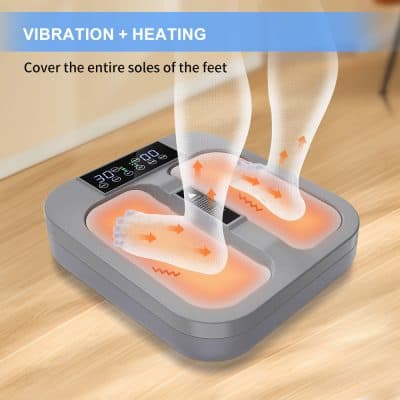 Vibration and heating foot massager for pain relief, foot relaxation, and circulation improvement. Designed to cover soles of feet with heat, vibration, and massage functions for ultimate foot wellness.