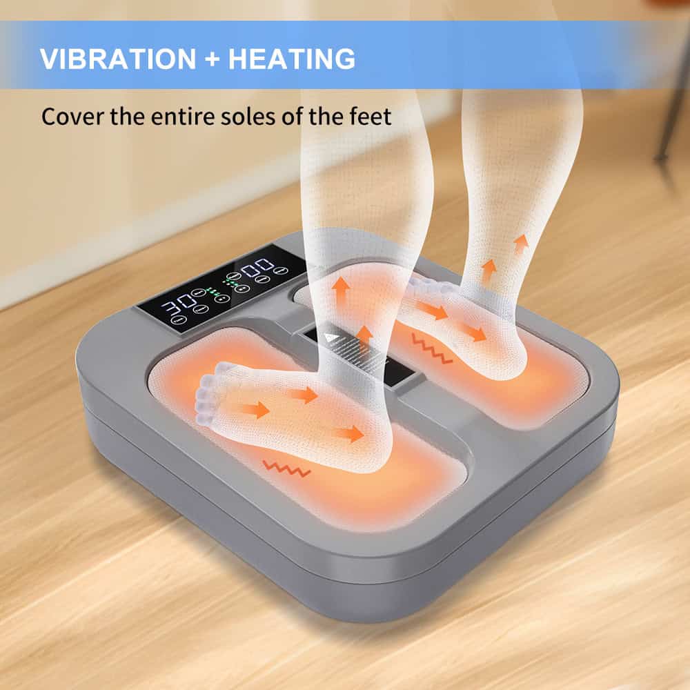 Vibration and heating foot massager for pain relief, foot relaxation, and circulation improvement. Designed to cover soles of feet with heat, vibration, and massage functions for ultimate foot wellness.