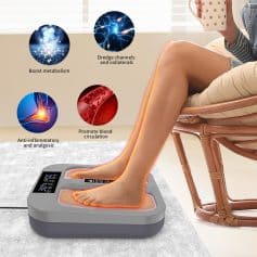 A person uses a foot therapy machine for circulation, metabolism, and inflammation benefits.