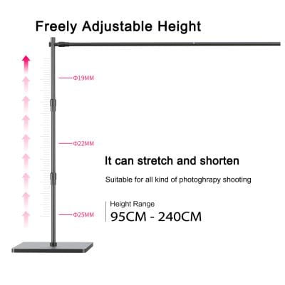 High-quality adjustable light stand for photography, studio, and shooting setups with height range from 95cm to 240cm. Suitable for professional and hobbyist photography lighting needs.