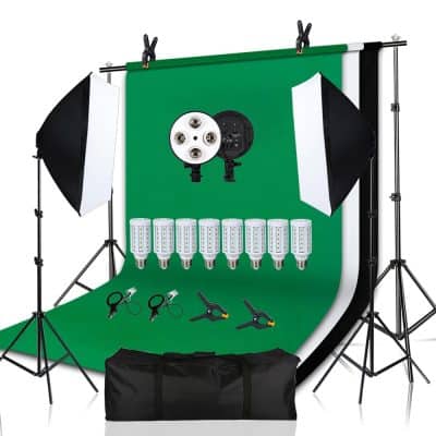 20W Studio Lighting Kit with Softbox, Tripod, and Green Screen Backdrop
