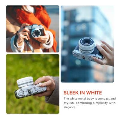 A variety of stylish digital cameras with white metal bodies, perfect for photography enthusiasts seeking sleek, modern designs.