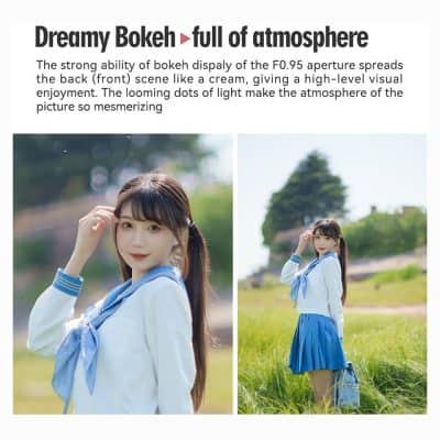 Bokeh effect with F0.95 aperture creating soft background highlights, perfect for enhancing portrait photos with aesthetic blur and light reflections.