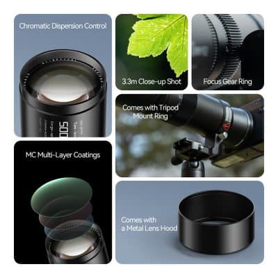 High-quality camera lens with chromatic dispersion control, tripod mount ring, focus gear ring, multi-layer coatings, and metal lens hood for professional photography equipment.