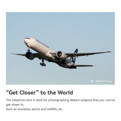 Optical telephoto lens for distant subjects, ideal for capturing airplanes, sports, wildlife, and travel scenes from afar. Perfect for enthusiasts wanting close-up shots of airplanes and outdoor activities.