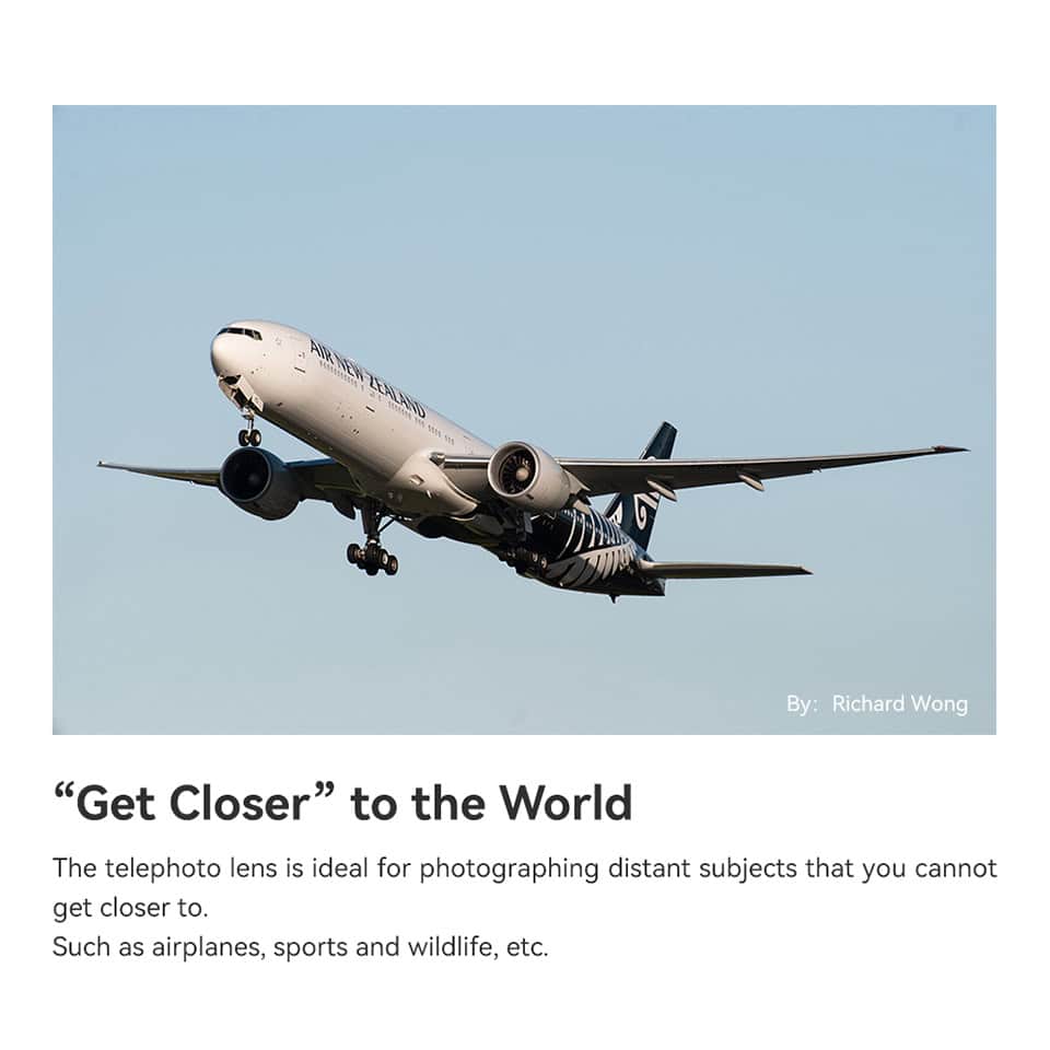 Optical telephoto lens for distant subjects, ideal for capturing airplanes, sports, wildlife, and travel scenes from afar. Perfect for enthusiasts wanting close-up shots of airplanes and outdoor activities.