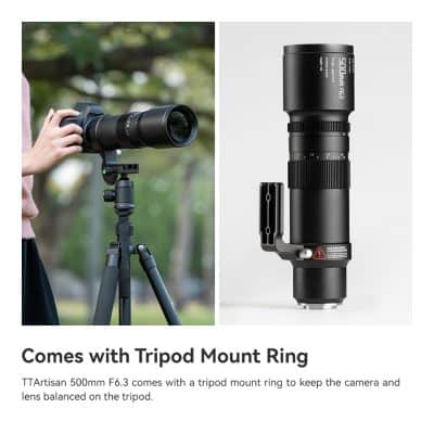 2. High-quality 500mm F6.3 lens with tripod mount ring for stable camera and lens positioning, ideal for astrophotography and long-exposure photography.