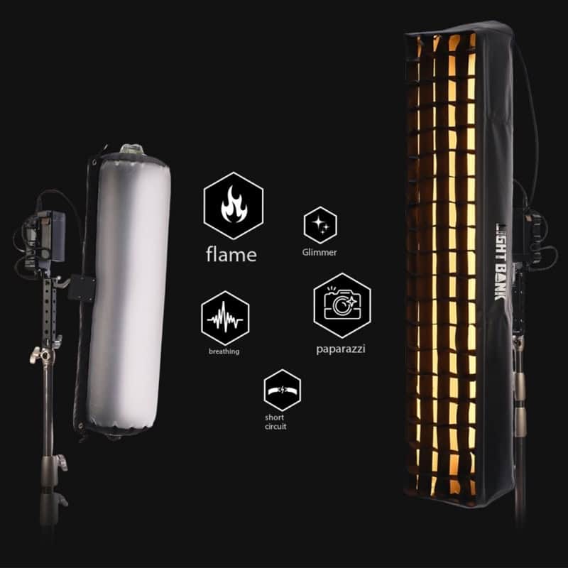High-quality professional LED lighting for photography and videography, featuring flame effects, glamor lighting, breathing modes, paparazzi flashes, and short circuit protection. Perfect for creative shoots.