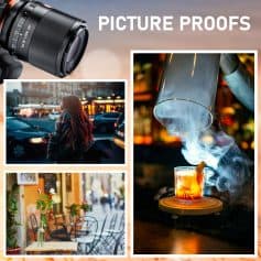 A woman talking on her cellphone in a city street at dusk with blurred city lights in the background.