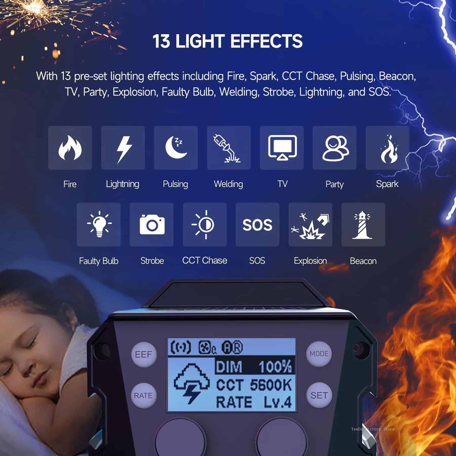 Versatile LED lighting effects for parties and events, featuring 13 pre-set options like fire, lightning, and pulsing for dynamic visual experiences. Perfect for enhancing event ambiance.