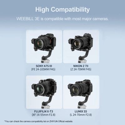 Optical camera compatibility with Weebill 3E for Sony, Nikon, Fuji, and Lumix cameras with various lenses ensuring seamless operation and professional photography.