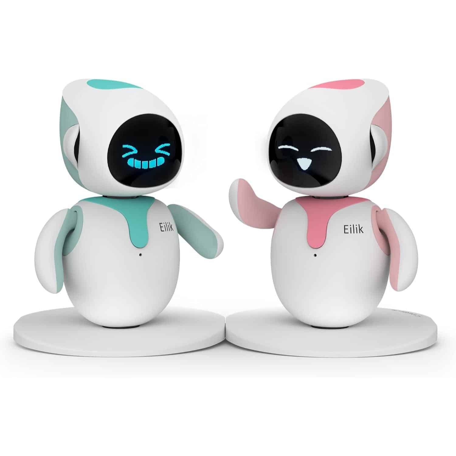 Playful AI robot figures with smiling faces, designed for optical shop branding and eye care products, perfect for engaging customers in optometry and eyewear marketing.