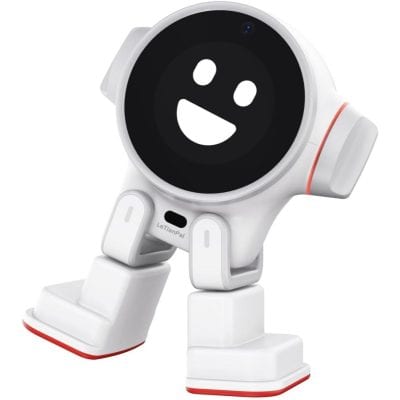A playful, white AI robot with a digital smiley face, designed for advanced robotics and AI applications. Features a round head, expressive face, and flexible limbs, perfect for innovative tech environments.