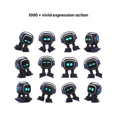 Cute robot eye models with headphones and expressive faces, ideal for eye health tech and optometry instruments. Bright, modern design perfect for eye care and optical store branding.