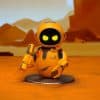 Cute robot figurine with a black face and yellow eyes, dressed in an orange suit, featuring a background inspired by the Mona Lisa style, perfect for collectibles and decorative purposes.