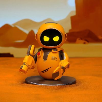 Cute robot figurine with a black face and yellow eyes, dressed in an orange suit, featuring a background inspired by the Mona Lisa style, perfect for collectibles and decorative purposes.