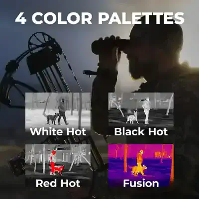 Thermal imaging color palettes: White Hot, Black Hot, Red Hot, Fusion for advanced thermal analysis and night vision. Perfect for security, outdoor activities, and professional inspections.