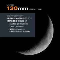 High-quality telescope for detailed lunar and planetary views, featuring a 130mm aperture, perfect for astronomy enthusiasts to observe craters, Saturn’s rings, Jupiter’s moons, and nebulae.