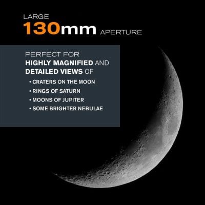 High-quality telescope for detailed lunar and planetary views, featuring a 130mm aperture, perfect for astronomy enthusiasts to observe craters, Saturn’s rings, Jupiter’s moons, and nebulae.