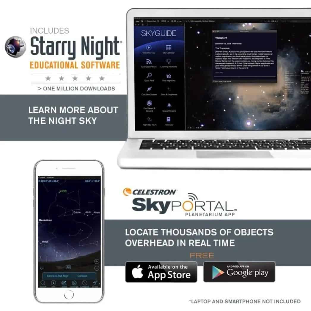 Photo of laptop displaying Starry Night astronomy software and smartphone with star map app for stargazing and celestial navigation.