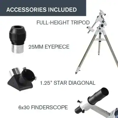 High-quality telescope tripod and eyepiece accessories for enhanced stargazing and astronomical observation. Includes full-height tripod, 25mm eyepiece, star diagonal, and finderscope.
