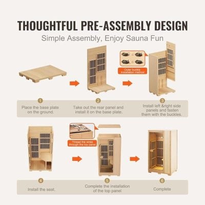 Sauna pre-assembly kit for easy setup at Monalisa Store, designed for home relaxation and wellness. Includes wooden panels, bottom plate, and assembly instructions for a hassle-free experience.
