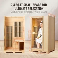 A compact, 7.3 sq.ft personal sauna for relaxation, featuring wooden construction and glass door. Ideal for private wellness spaces, with indoor and outdoor installation options.