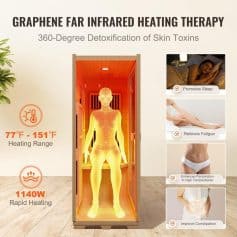 High-quality infrared sauna for detox, relaxation, and skin health. Features 77°F-151°F heating range, 1140W rapid heating, promoting sleep, relieving fatigue, improving digestion, and enhancing overall wellness.
