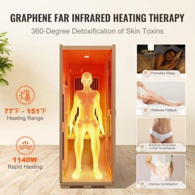 High-quality infrared sauna for detox, relaxation, and skin health. Features 77°F-151°F heating range, 1140W rapid heating, promoting sleep, relieving fatigue, improving digestion, and enhancing overall wellness.