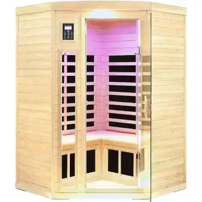A luxurious wooden sauna cabin designed for relaxation and health benefits, featuring a modern control panel and interior lighting. Ideal for home spa and wellness treatments.