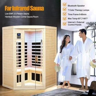 High-quality infrared sauna with smart control panels, Bluetooth speakers, and customizable therapy lamps for relaxation and health benefits. Ideal for home wellness and spa treatment.